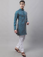 Jompers Men's Teal Blue and Multi Coloured Embroidered Straight Kurta Pyjama Set | Grocsy