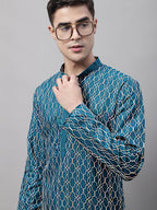 Jompers Men's Teal Blue and Multi Coloured Embroidered Straight Kurta Pyjama Set | Grocsy