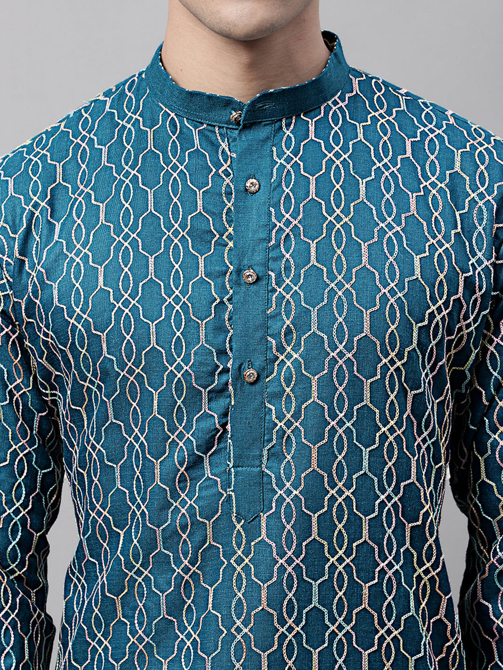 Jompers Men's Teal Blue and Multi Coloured Embroidered Straight Kurta Pyjama Set | Grocsy
