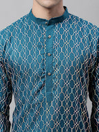 Jompers Men's Teal Blue and Multi Coloured Embroidered Straight Kurta Pyjama Set | Grocsy
