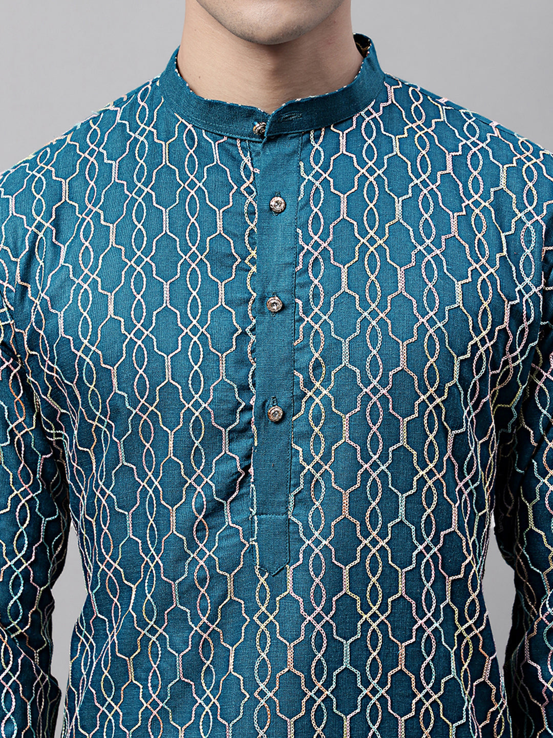 Jompers Men's Teal Blue and Multi Coloured Embroidered Straight Kurta Pyjama Set | Grocsy