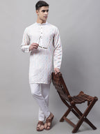 Jompers Men's White and Multi Coloured Embroidered Straight Kurta Pyjama Set | Grocsy
