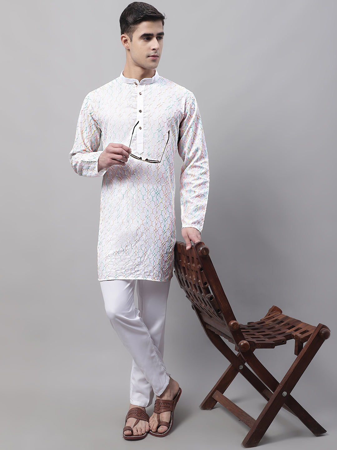 Jompers Men's White and Multi Coloured Embroidered Straight Kurta Pyjama Set | Grocsy