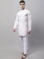 Jompers Men's White and Multi Coloured Embroidered Straight Kurta Pyjama Set | Grocsy