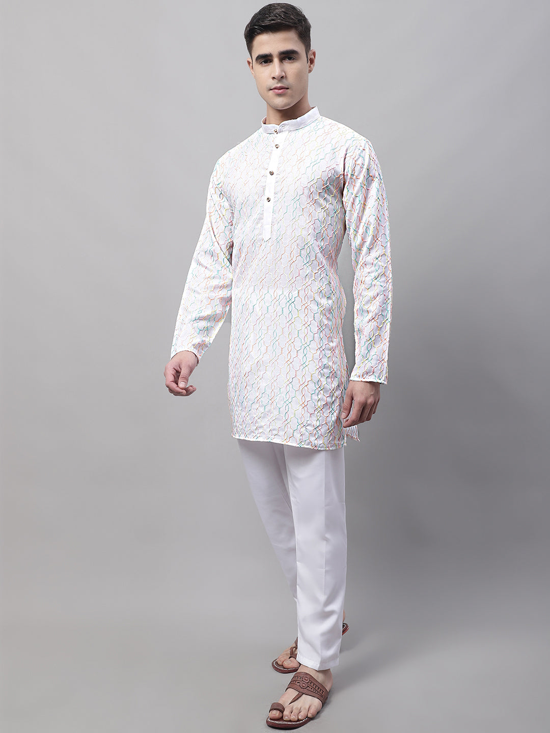 Jompers Men's White and Multi Coloured Embroidered Straight Kurta Pyjama Set | Grocsy