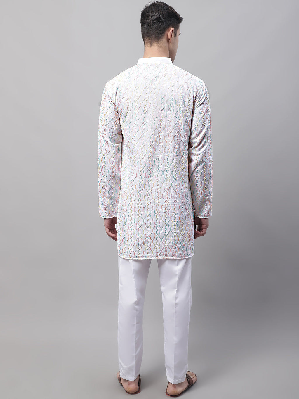 Jompers Men's White and Multi Coloured Embroidered Straight Kurta Pyjama Set | Grocsy