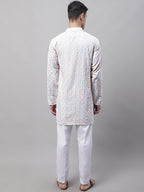 Jompers Men's White and Multi Coloured Embroidered Straight Kurta Pyjama Set | Grocsy