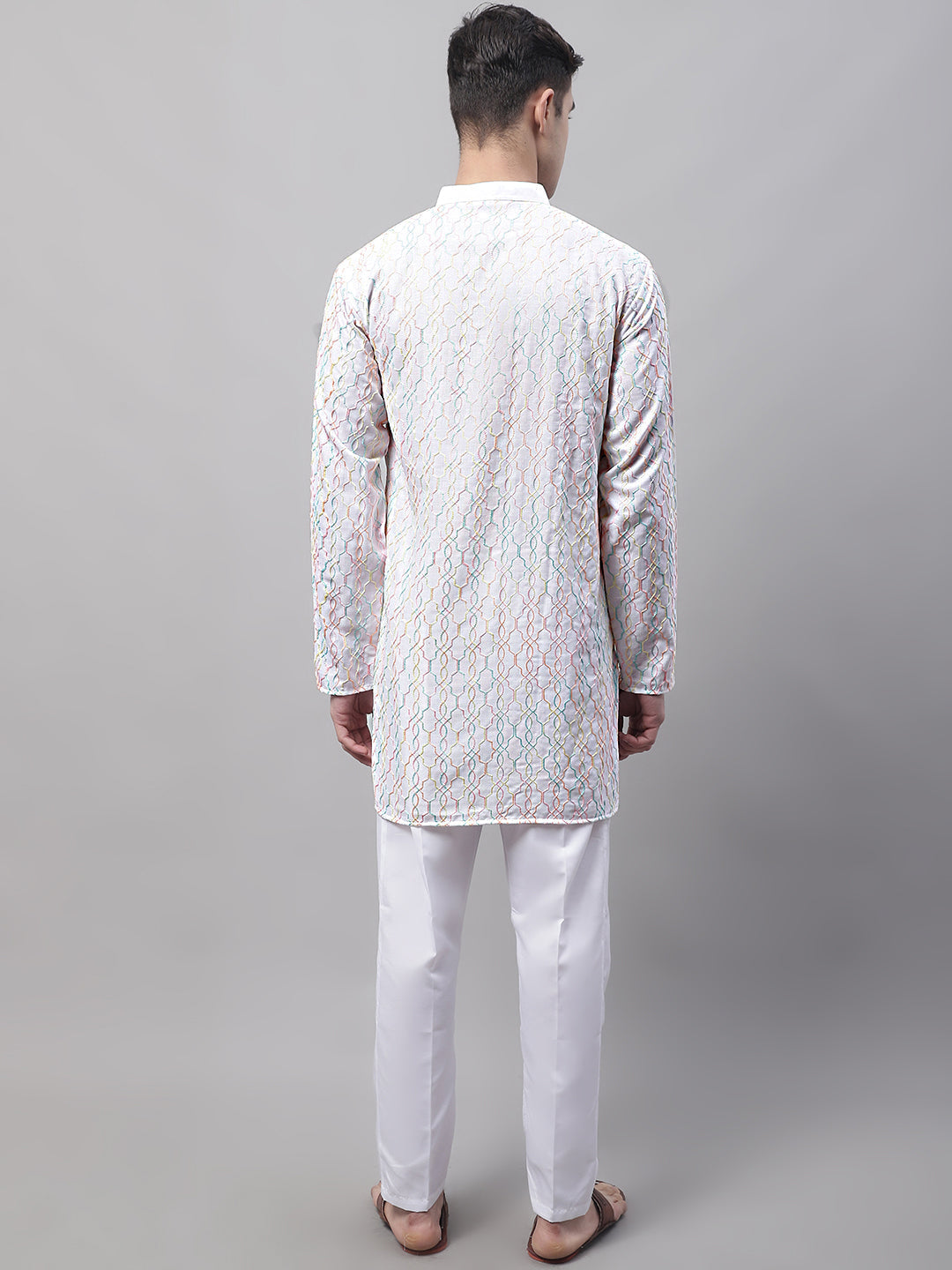 Jompers Men's White and Multi Coloured Embroidered Straight Kurta Pyjama Set | Grocsy