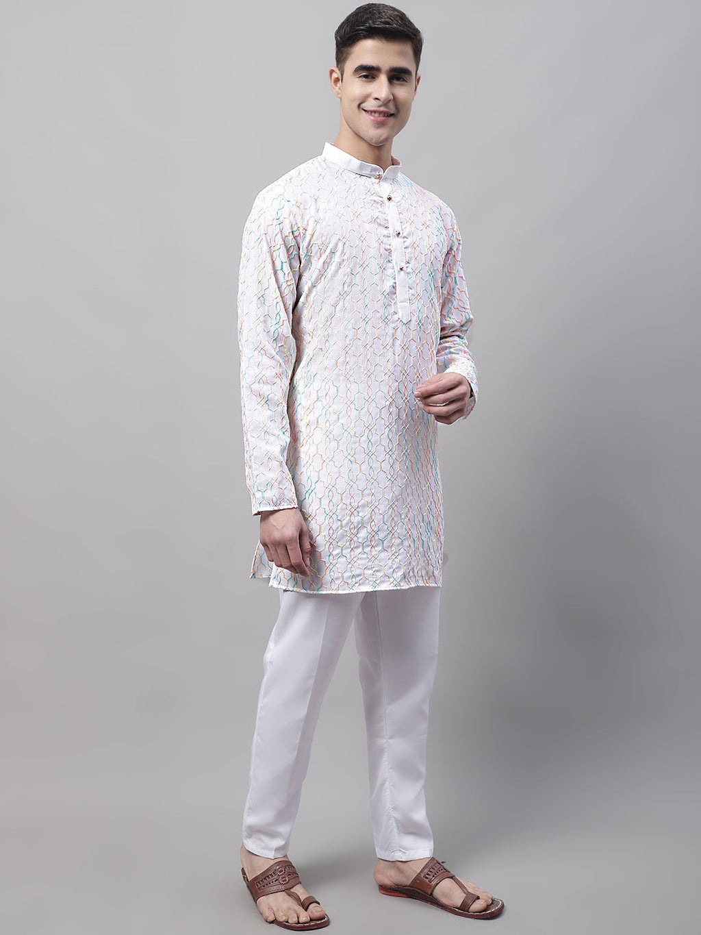 Jompers Men's White and Multi Coloured Embroidered Straight Kurta Pyjama Set | Grocsy