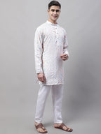 Jompers Men's White and Multi Coloured Embroidered Straight Kurta Pyjama Set | Grocsy