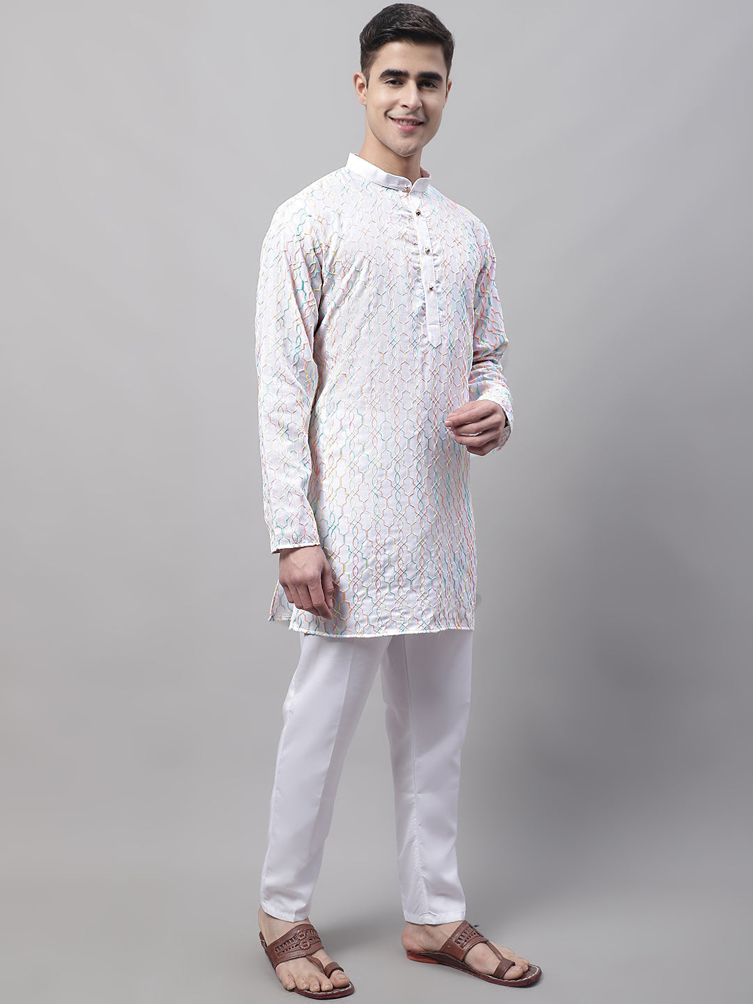 Jompers Men's White and Multi Coloured Embroidered Straight Kurta Pyjama Set | Grocsy