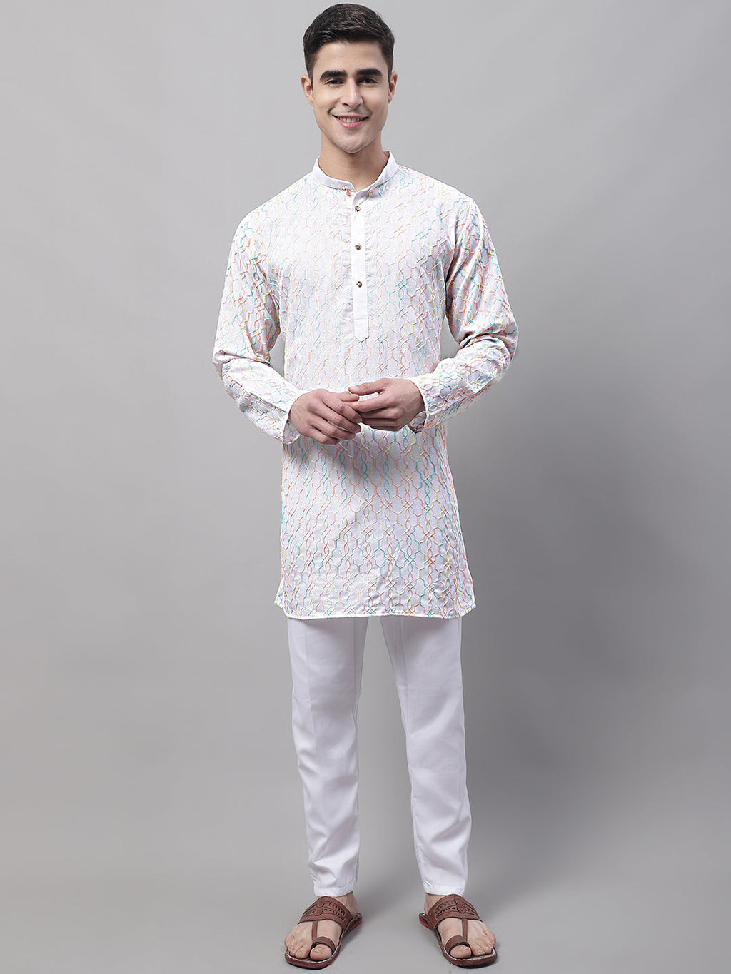 Jompers Men's White and Multi Coloured Embroidered Straight Kurta Pyjama Set | Grocsy
