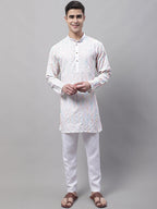 Jompers Men's White and Multi Coloured Embroidered Straight Kurta Pyjama Set | Grocsy