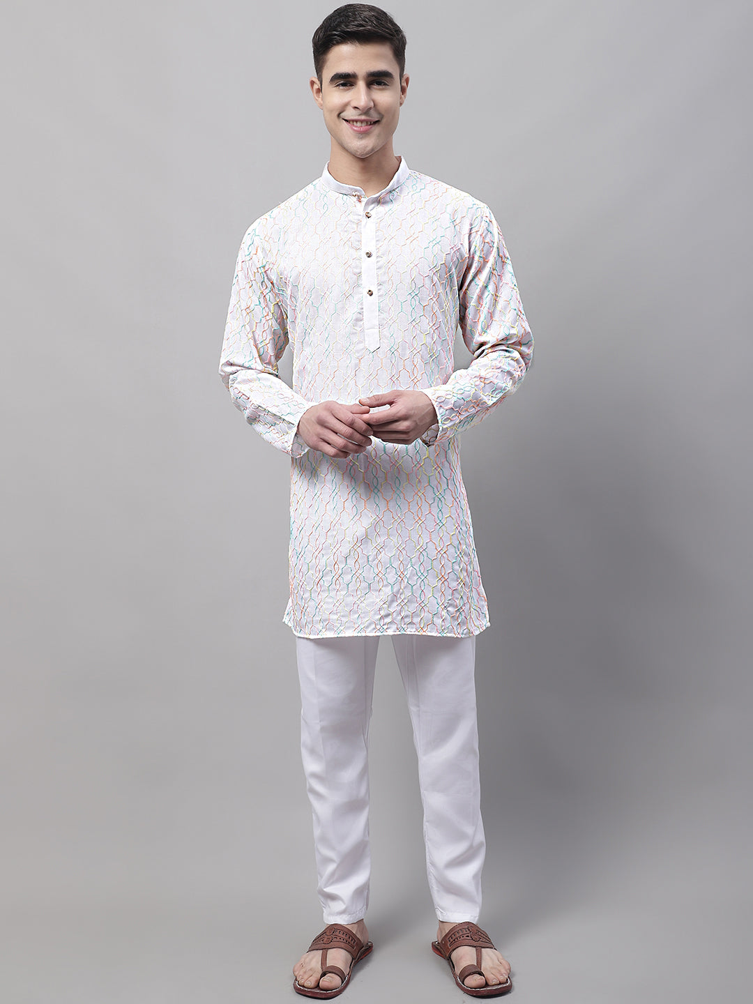Jompers Men's White and Multi Coloured Embroidered Straight Kurta Pyjama Set | Grocsy