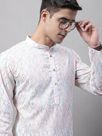 Jompers Men's White and Multi Coloured Embroidered Straight Kurta Pyjama Set | Grocsy