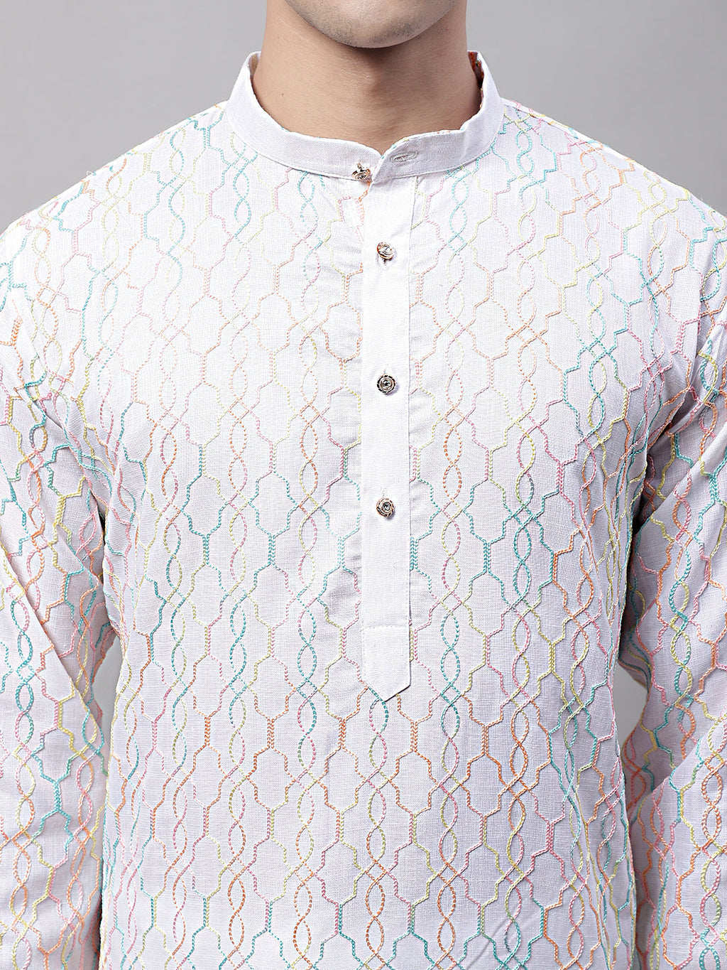 Jompers Men's White and Multi Coloured Embroidered Straight Kurta Pyjama Set | Grocsy