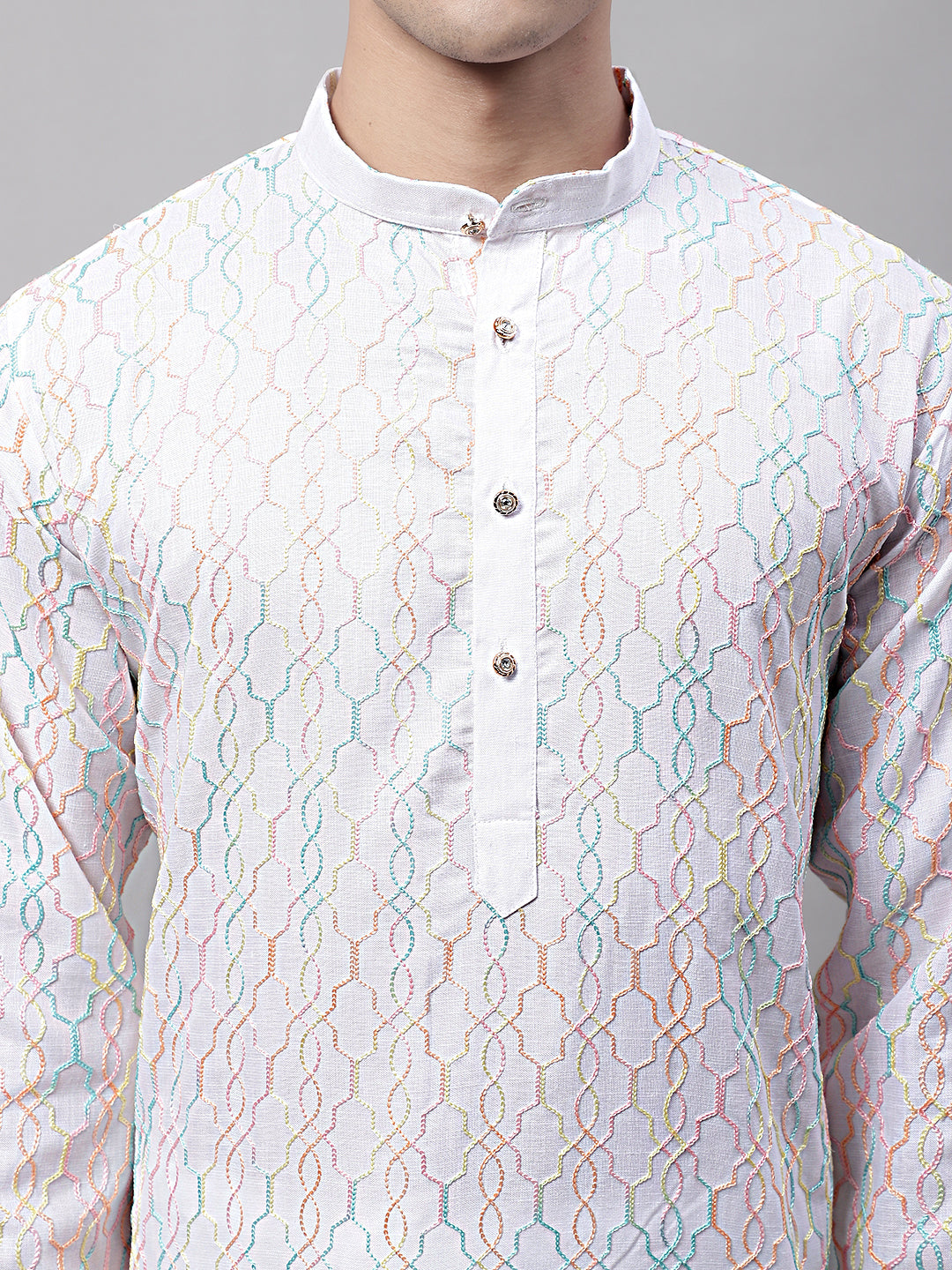 Jompers Men's White and Multi Coloured Embroidered Straight Kurta Pyjama Set | Grocsy