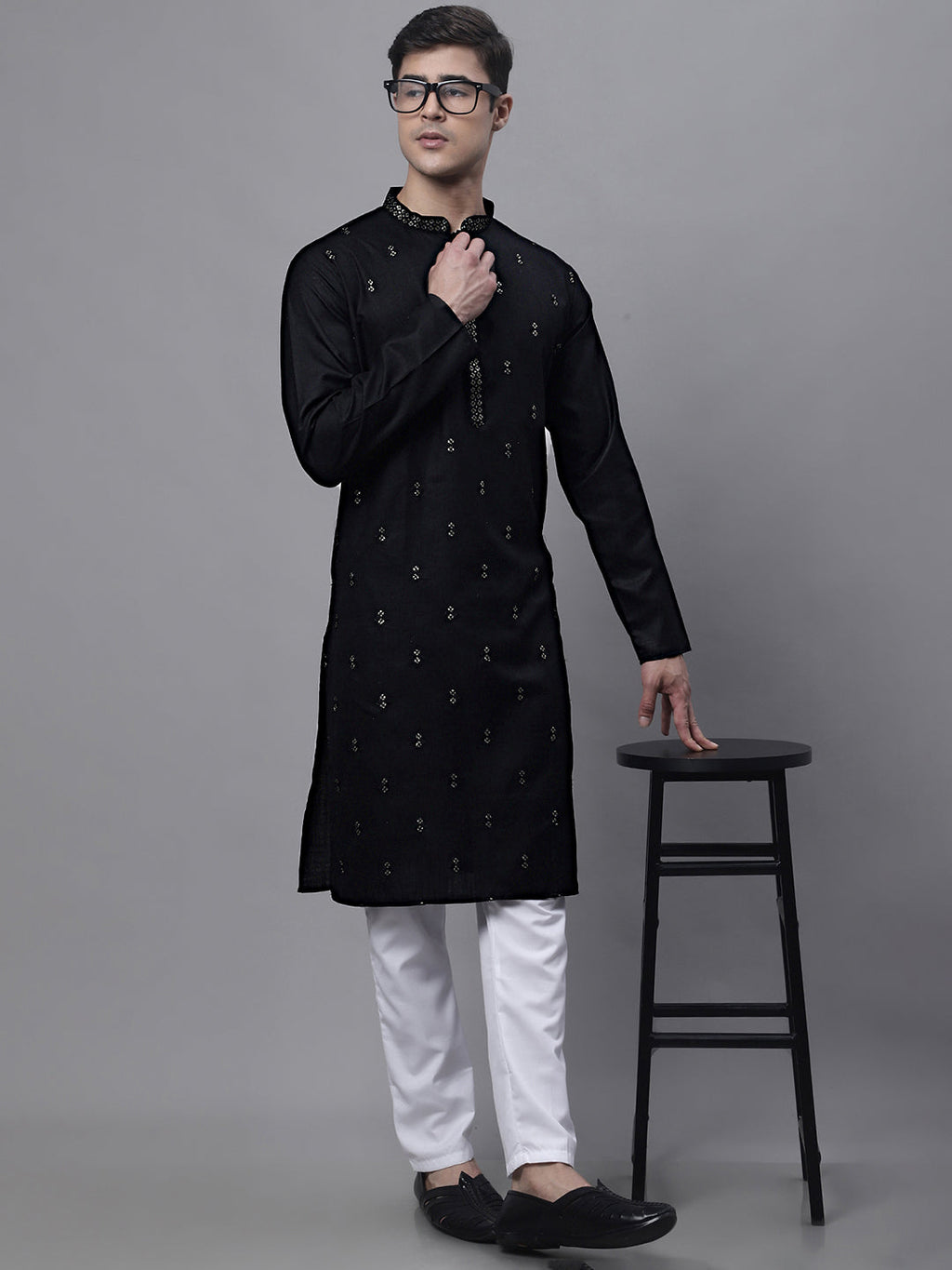 Jompers Men's Black Embroidered Straight Kurta Pyjama Set | Grocsy