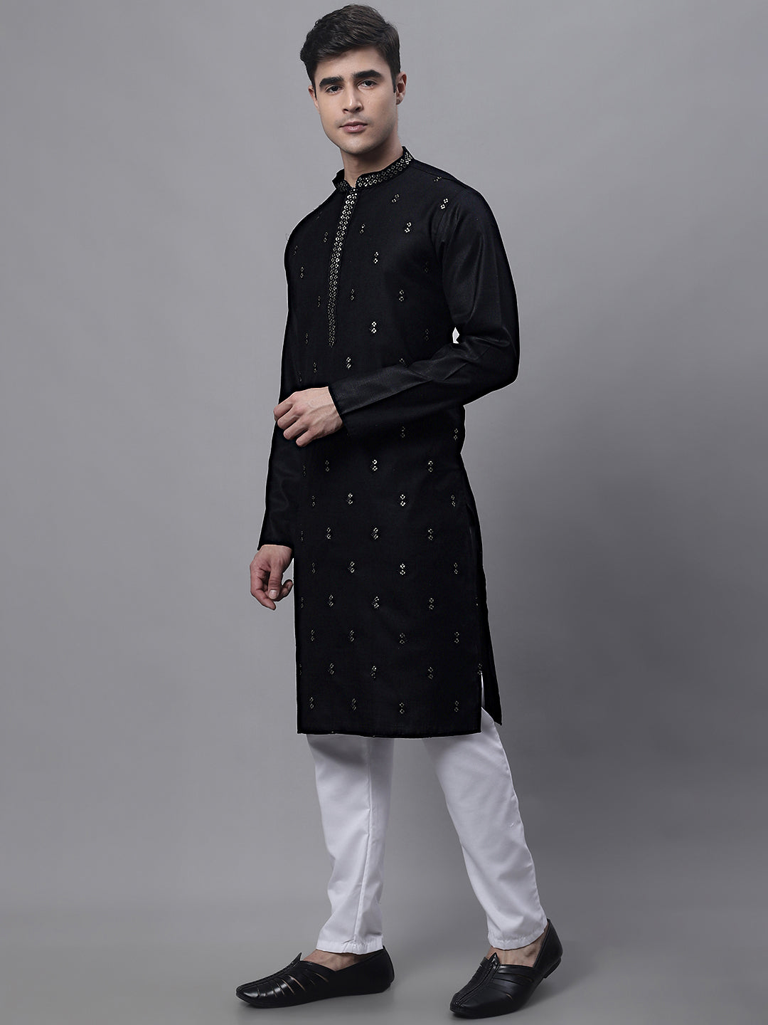 Jompers Men's Black Embroidered Straight Kurta Pyjama Set | Grocsy