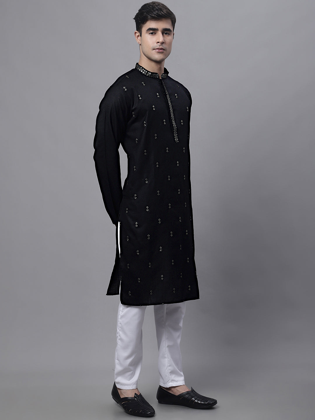 Jompers Men's Black Embroidered Straight Kurta Pyjama Set | Grocsy