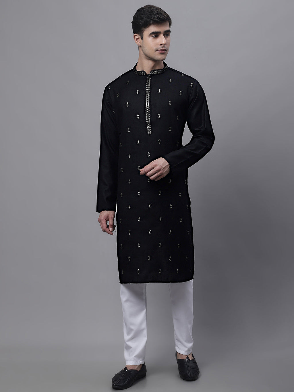 Jompers Men's Black Embroidered Straight Kurta Pyjama Set | Grocsy