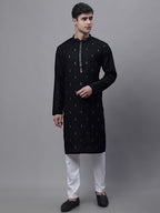 Jompers Men's Black Embroidered Straight Kurta Pyjama Set | Grocsy