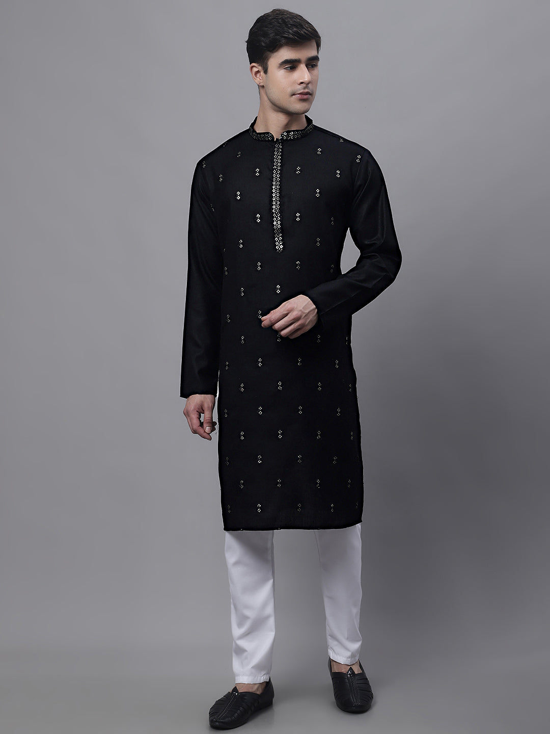 Jompers Men's Black Embroidered Straight Kurta Pyjama Set | Grocsy