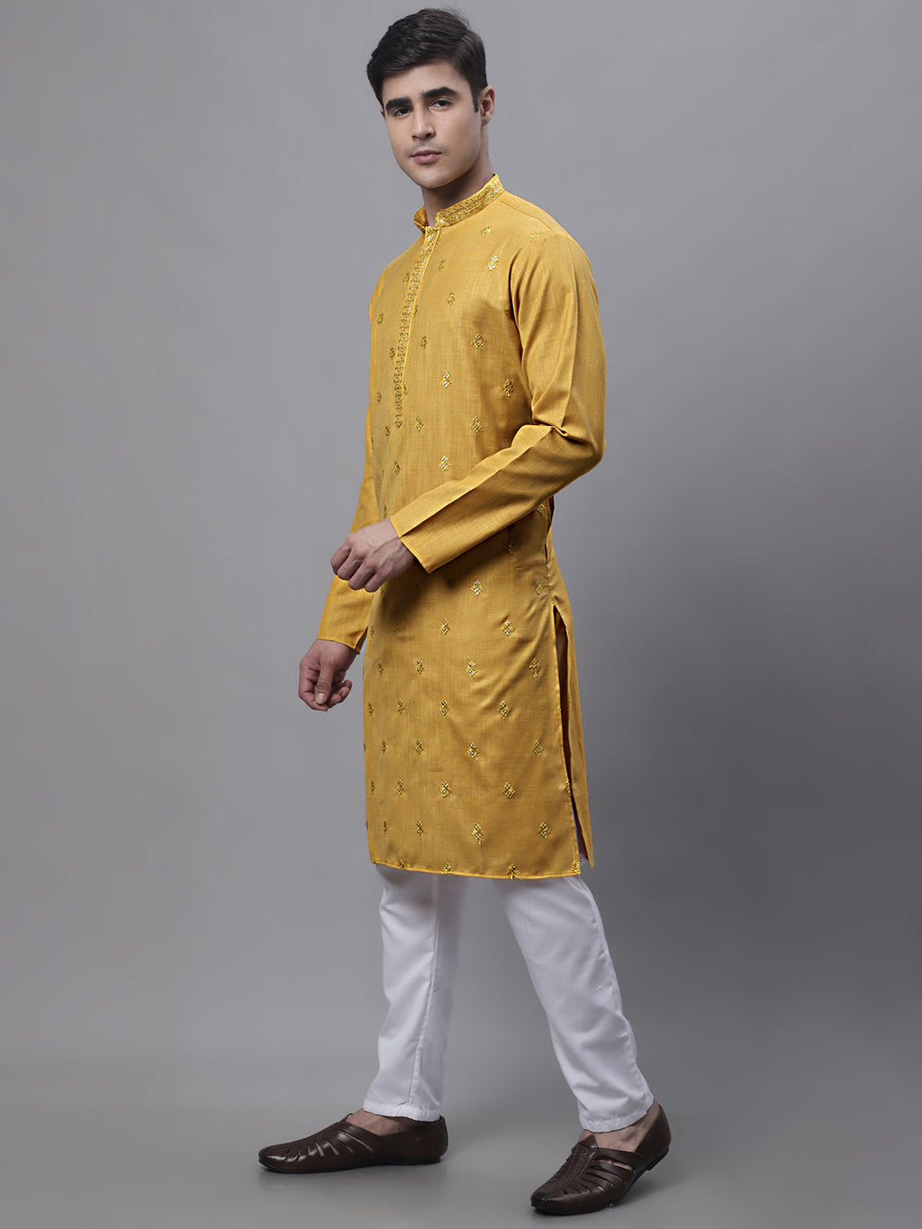 Jompers Men's Mustard Embroidered Straight Kurta Pyjama Set | Grocsy