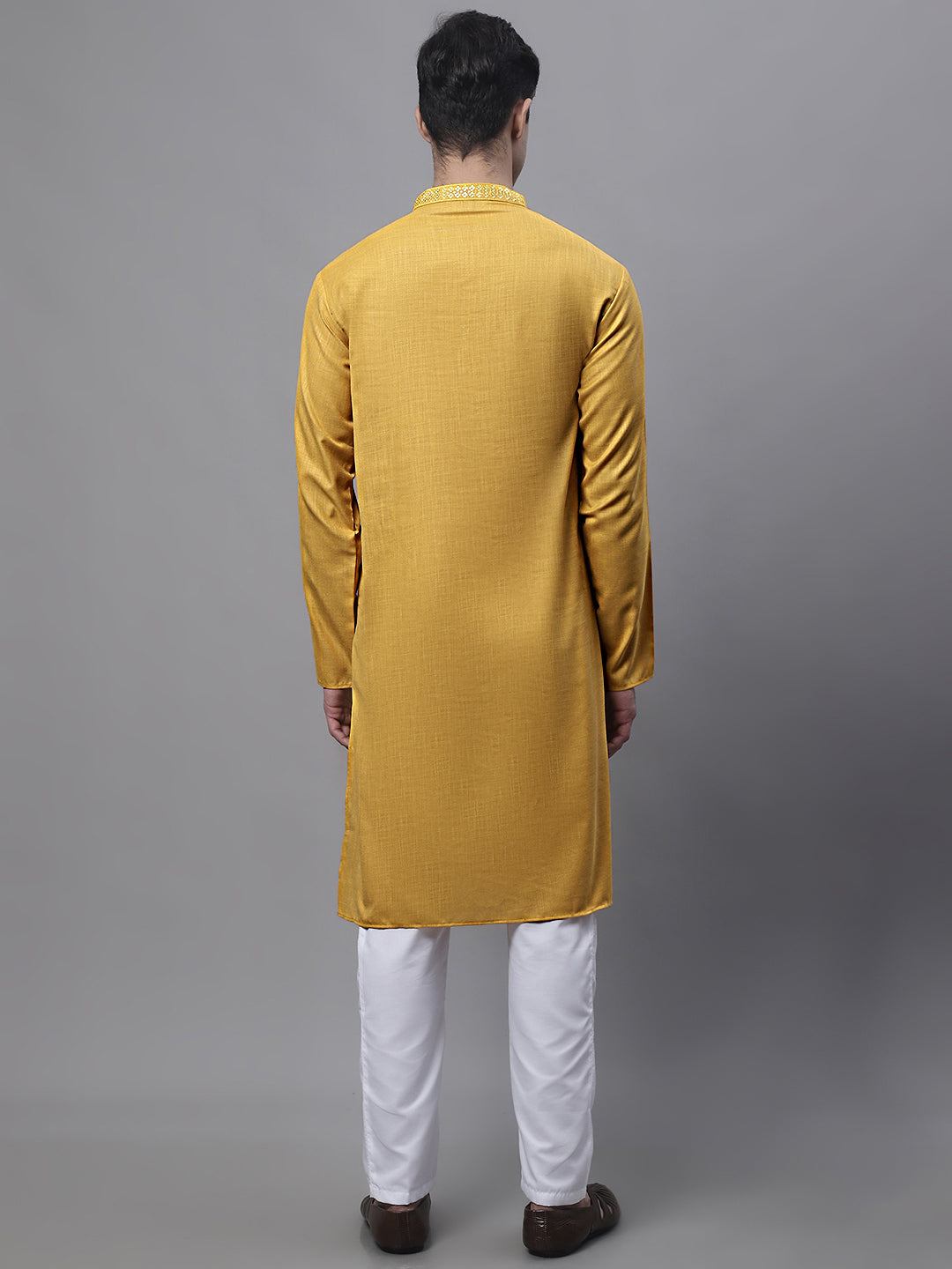 Jompers Men's Mustard Embroidered Straight Kurta Pyjama Set | Grocsy