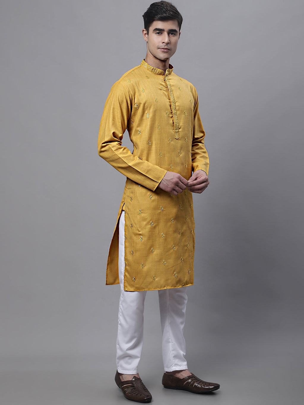 Jompers Men's Mustard Embroidered Straight Kurta Pyjama Set | Grocsy