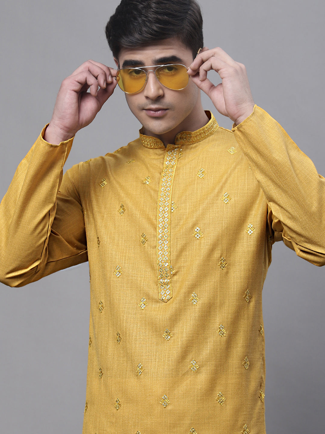 Jompers Men's Mustard Embroidered Straight Kurta Pyjama Set | Grocsy