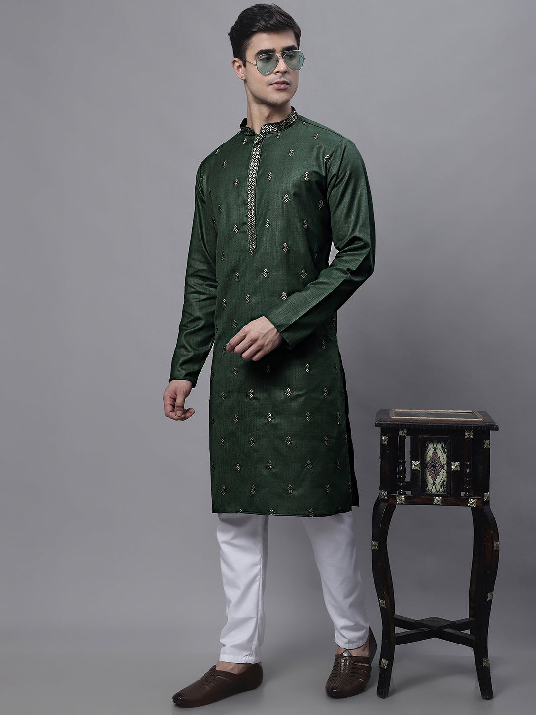Jompers Men's Olive Green Embroidered Straight Kurta Pyjama Set | Grocsy