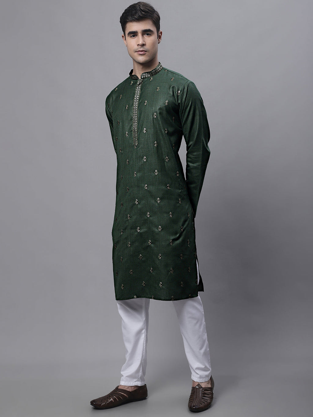 Jompers Men's Olive Green Embroidered Straight Kurta Pyjama Set | Grocsy