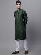 Jompers Men's Olive Green Embroidered Straight Kurta Pyjama Set | Grocsy
