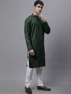 Jompers Men's Olive Green Embroidered Straight Kurta Pyjama Set | Grocsy