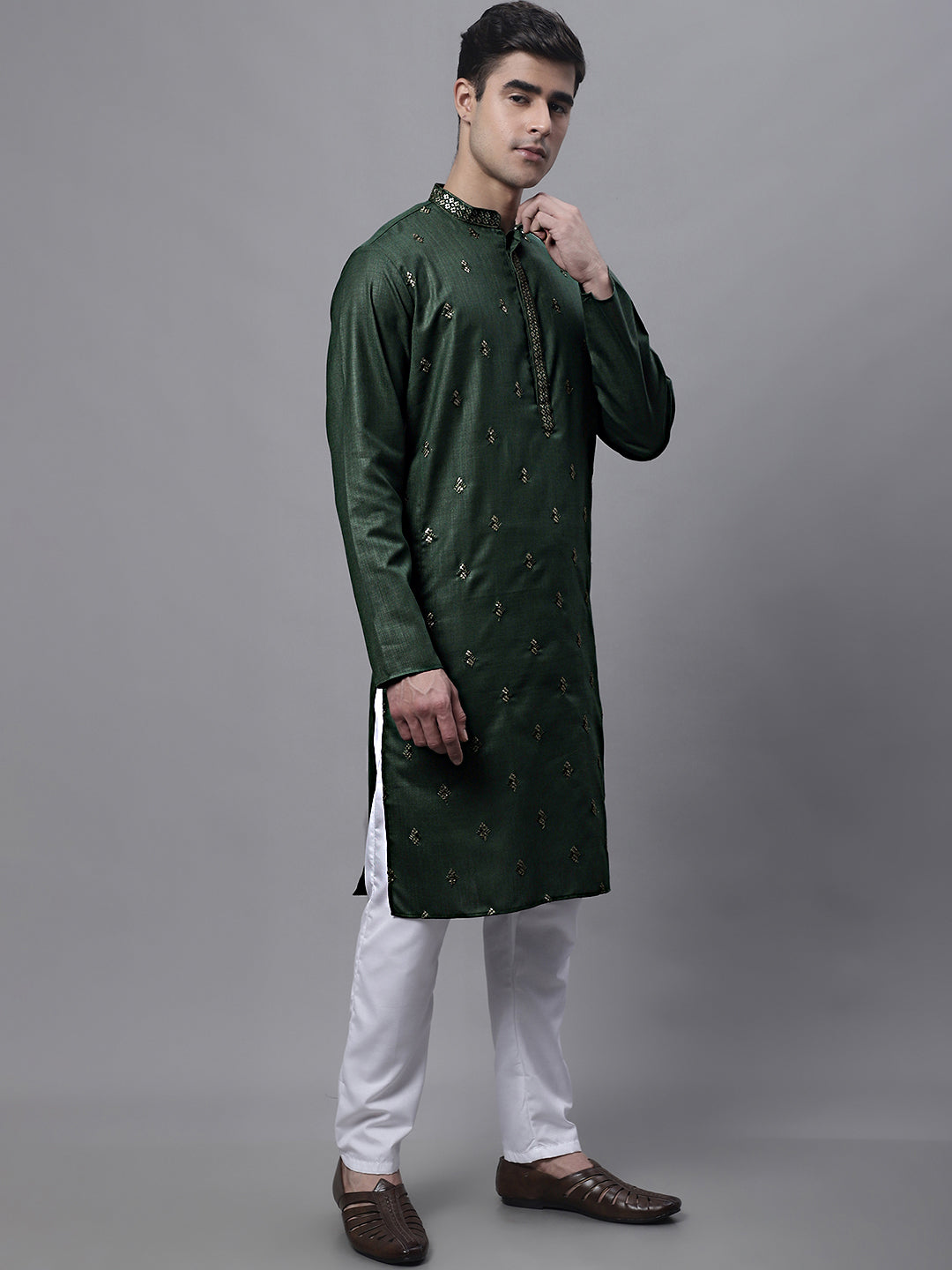 Jompers Men's Olive Green Embroidered Straight Kurta Pyjama Set | Grocsy