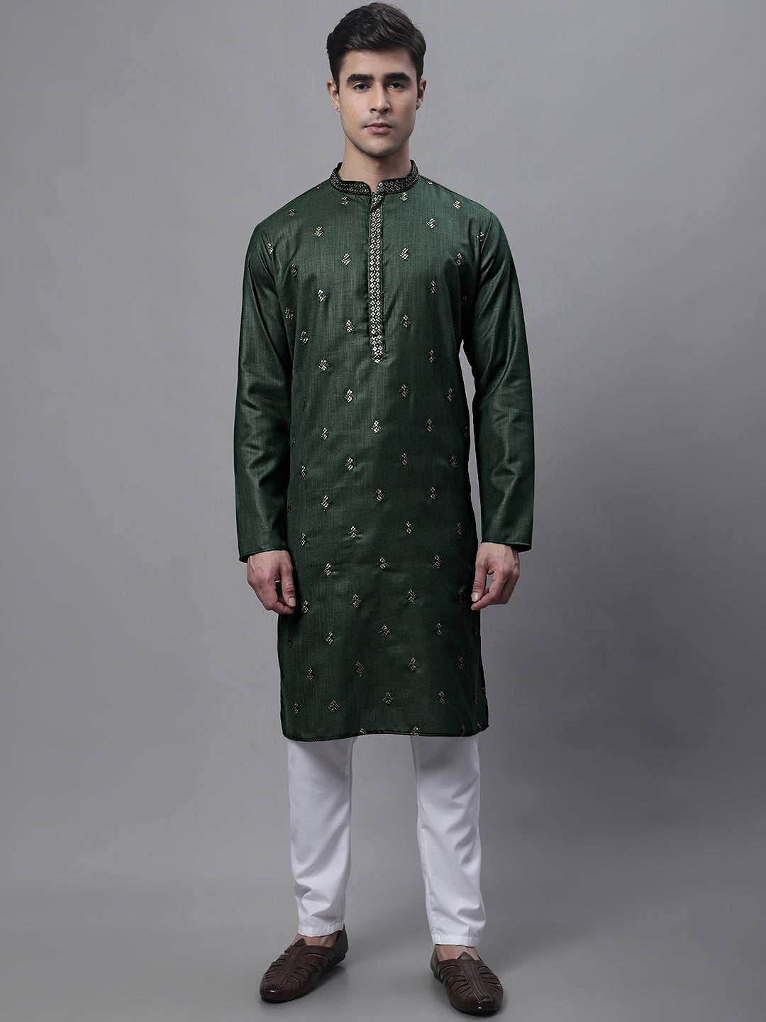 Jompers Men's Olive Green Embroidered Straight Kurta Pyjama Set | Grocsy