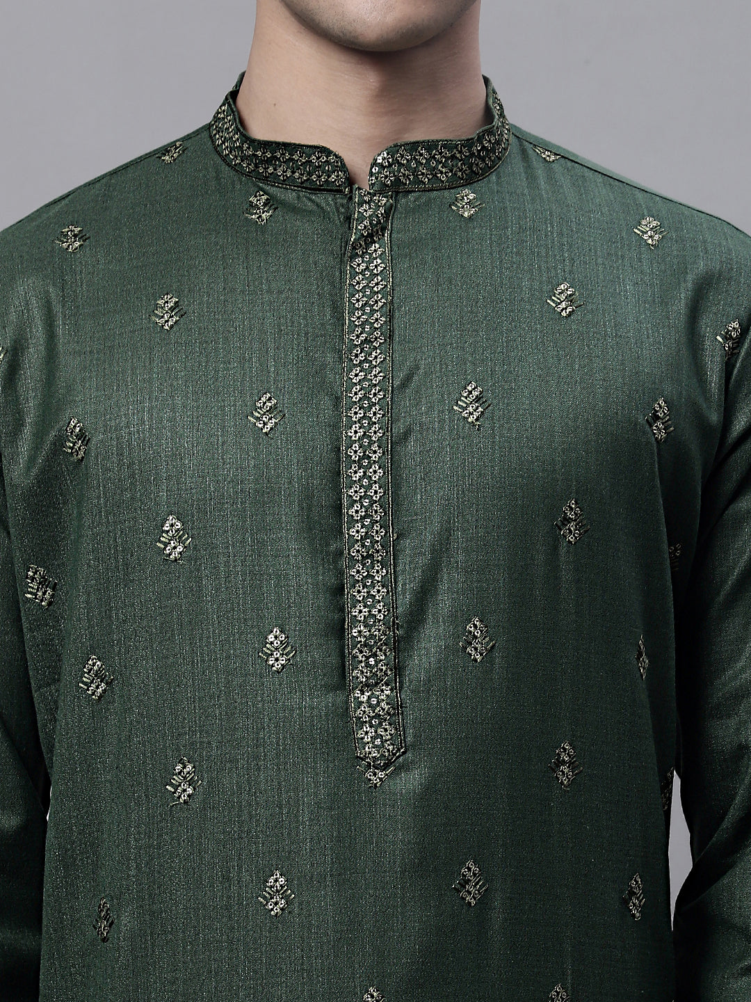 Jompers Men's Olive Green Embroidered Straight Kurta Pyjama Set | Grocsy
