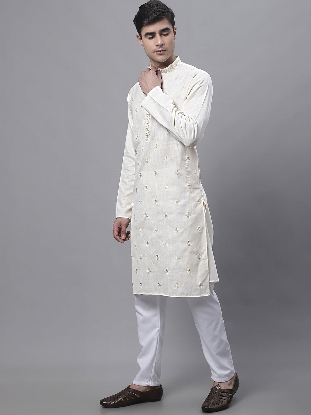 Jompers Men's White Embroidered Straight Kurta Pyjama Set | Grocsy