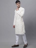 Jompers Men's White Embroidered Straight Kurta Pyjama Set | Grocsy