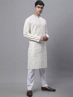 Jompers Men's White Embroidered Straight Kurta Pyjama Set | Grocsy