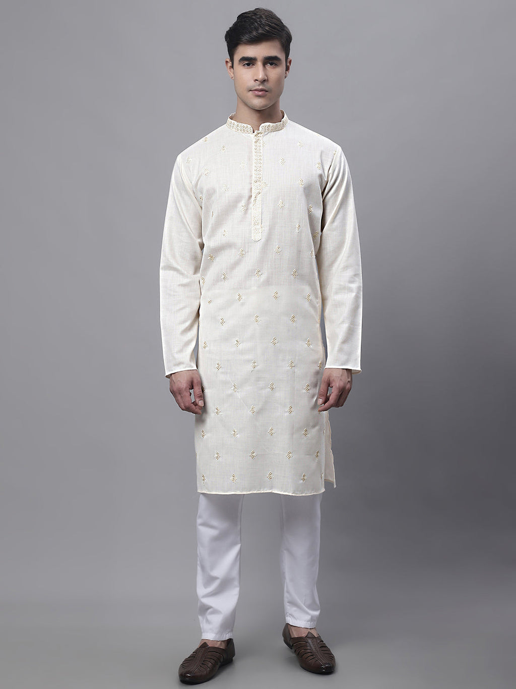 Jompers Men's White Embroidered Straight Kurta Pyjama Set | Grocsy