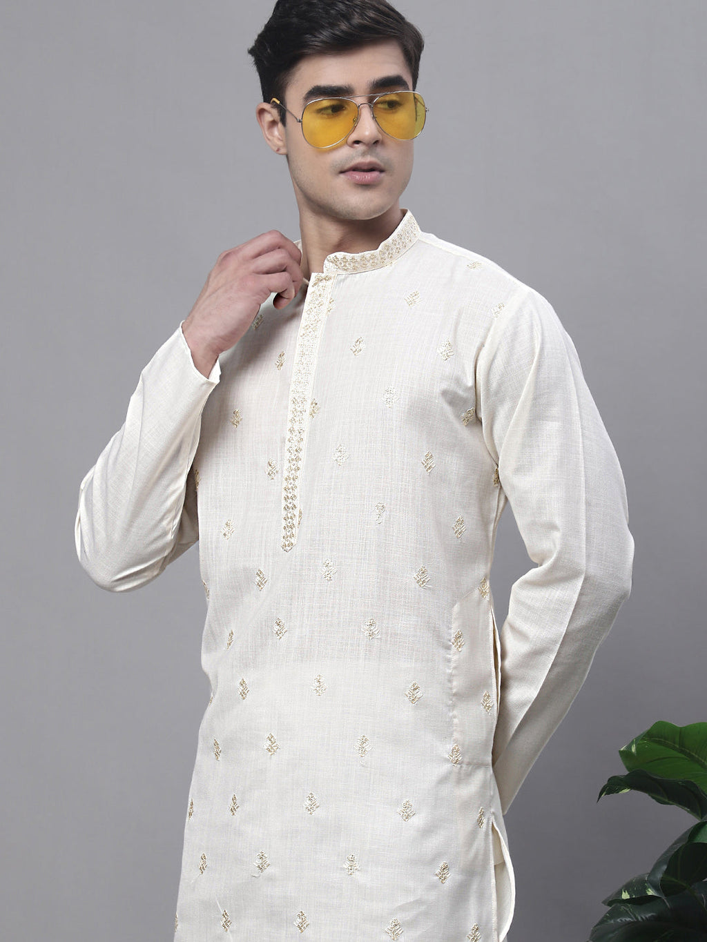 Jompers Men's White Embroidered Straight Kurta Pyjama Set | Grocsy
