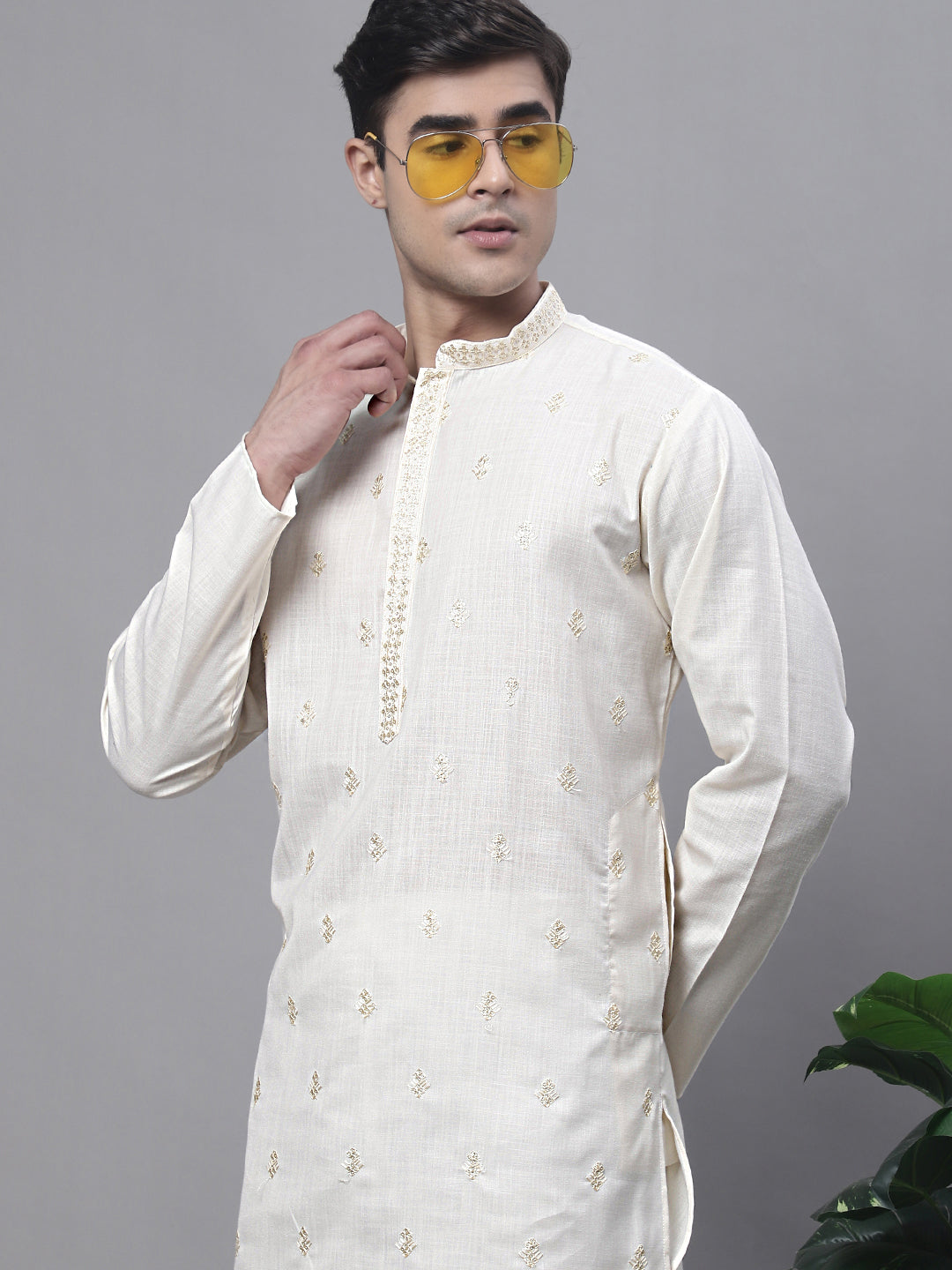 Jompers Men's White Embroidered Straight Kurta Pyjama Set | Grocsy