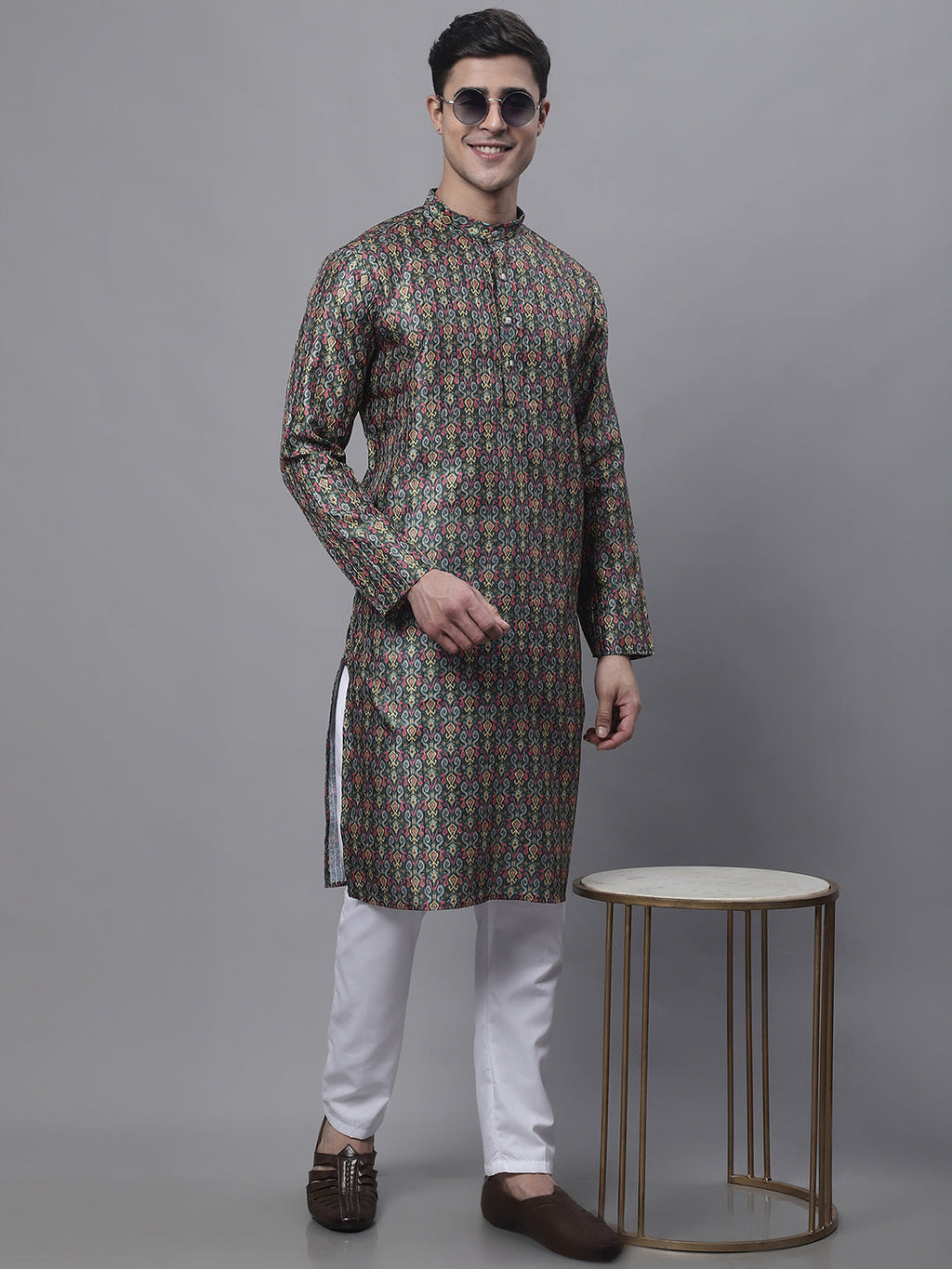 Jompers Men's Olive Green Digital Printed Kurta Pyjama Set | Grocsy