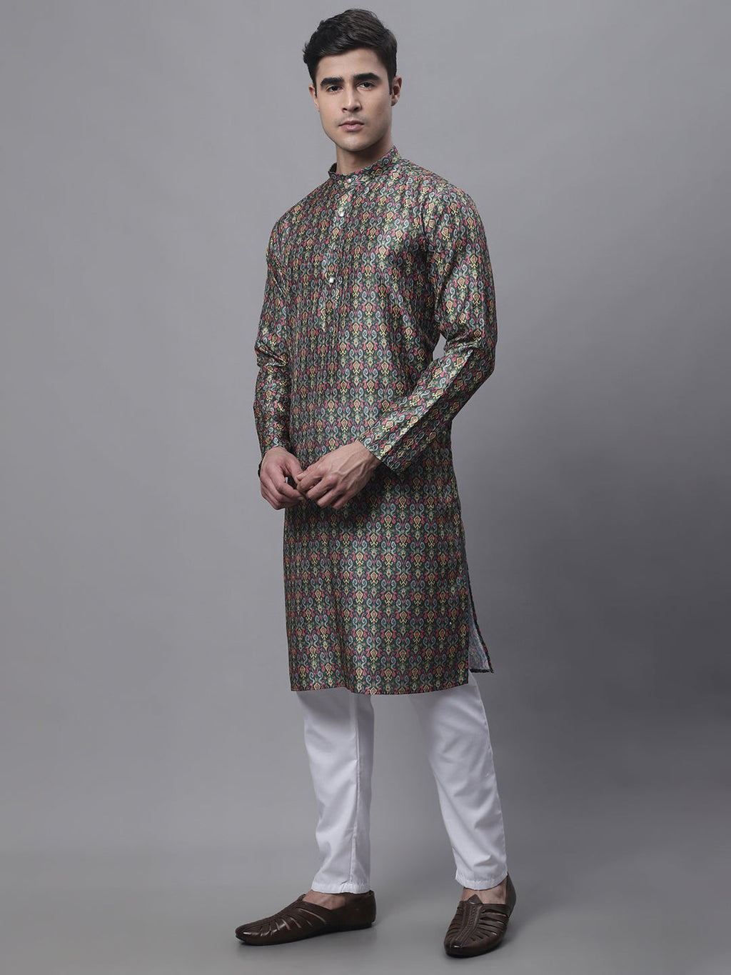 Jompers Men's Olive Green Digital Printed Kurta Pyjama Set | Grocsy