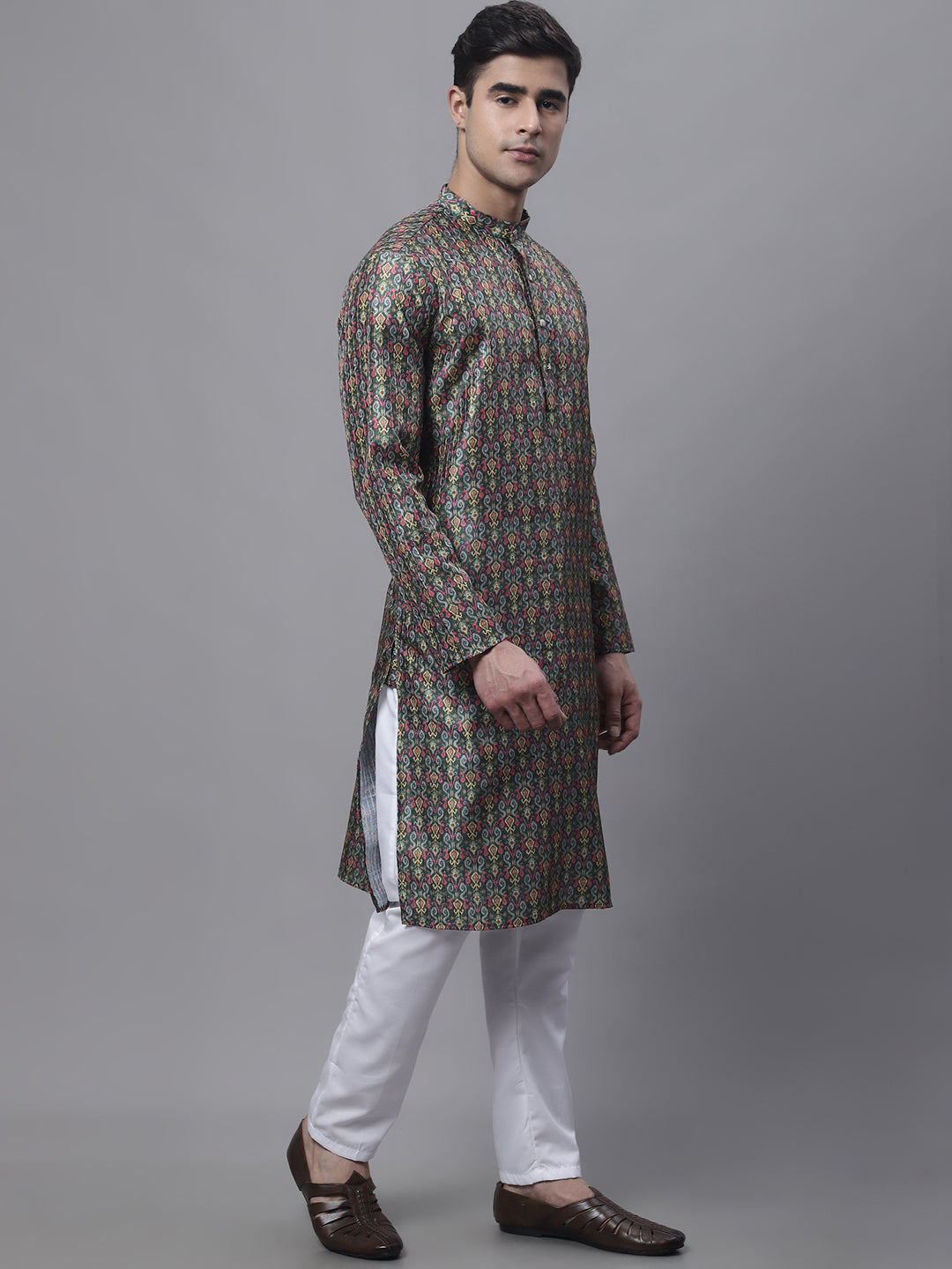 Jompers Men's Olive Green Digital Printed Kurta Pyjama Set | Grocsy