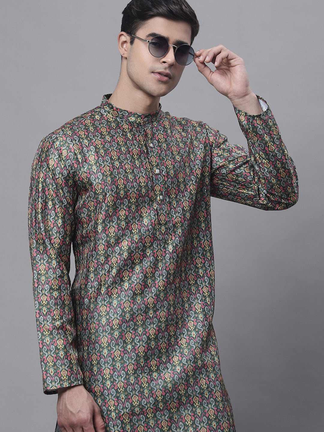 Jompers Men's Olive Green Digital Printed Kurta Pyjama Set | Grocsy