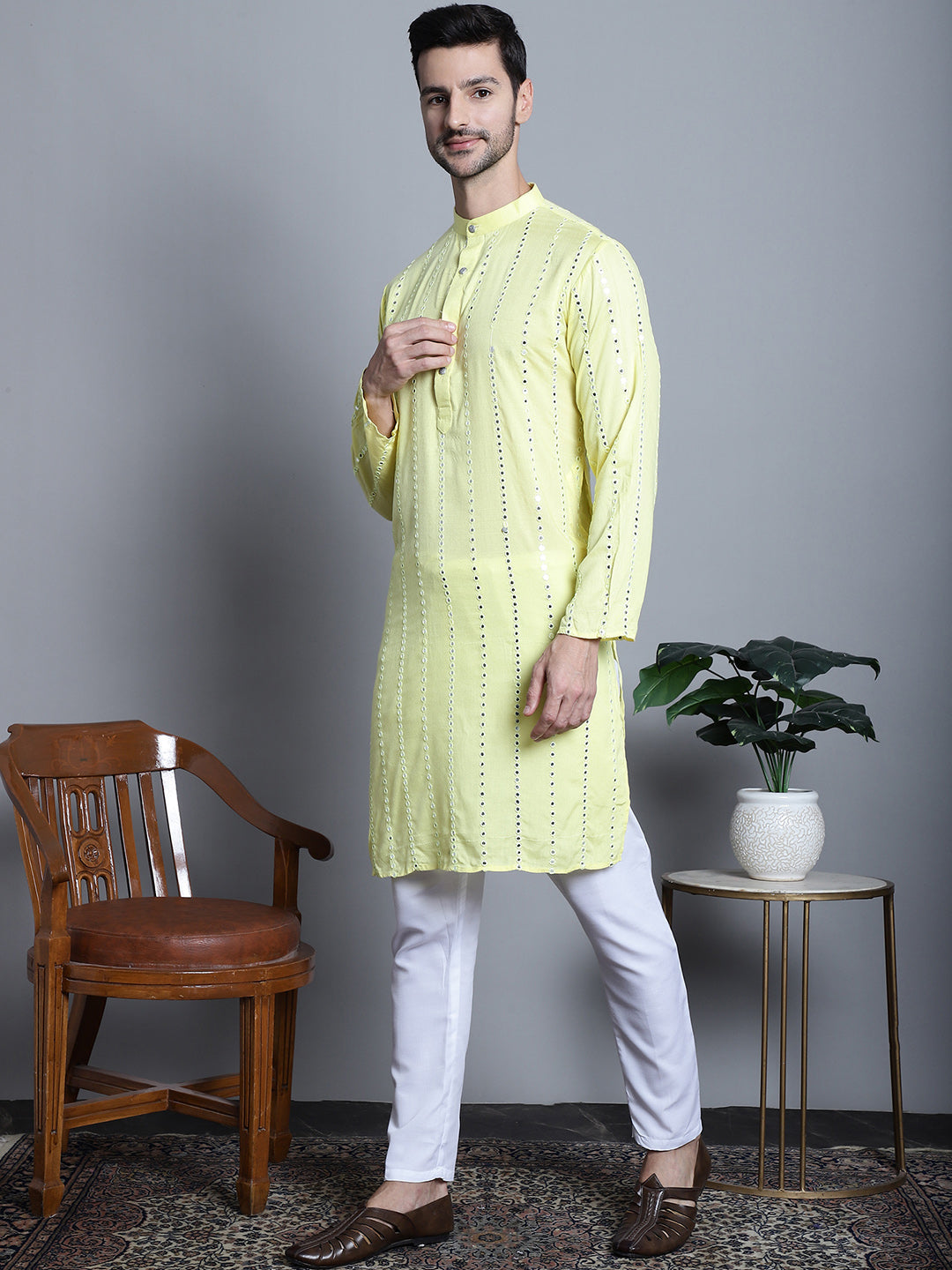 Jompers Men's Embroidered Mirror Work Kurta Payjama Sets - Lemon | Grocsy