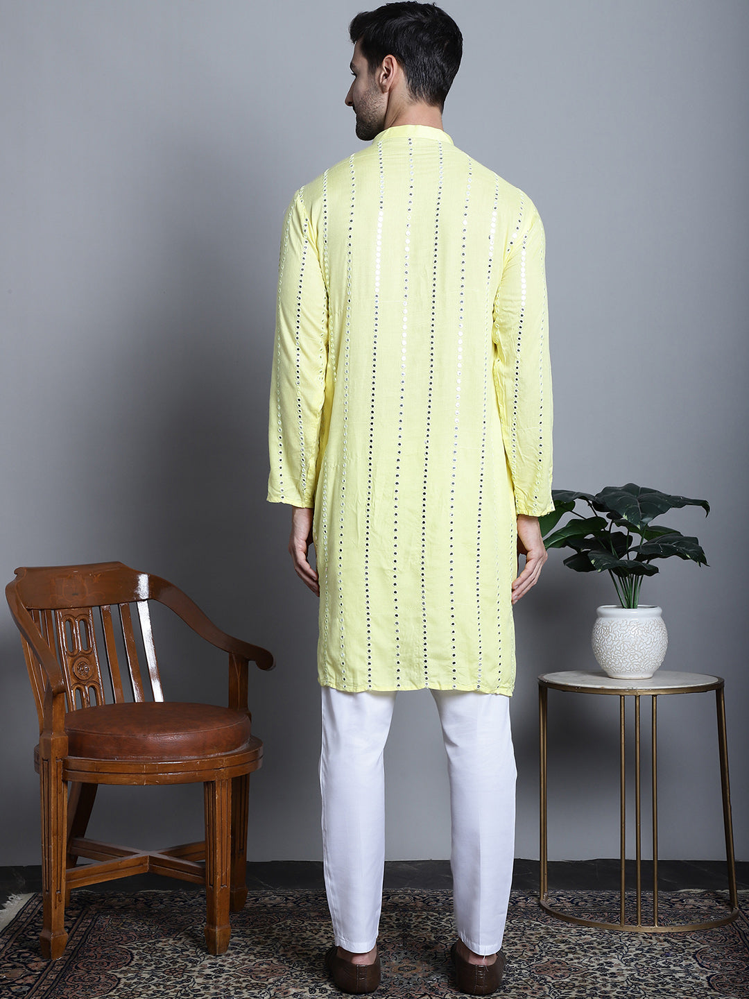 Jompers Men's Embroidered Mirror Work Kurta Payjama Sets - Lemon | Grocsy